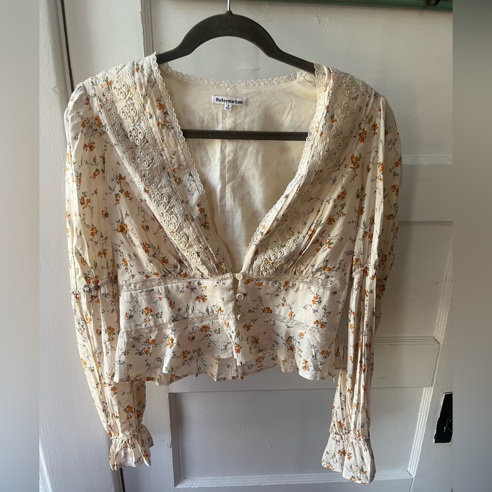 Reformation Cream Floral Lace Blouse